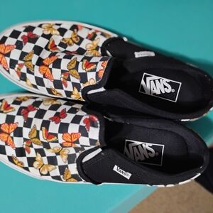 Vans Checkerboard Slip-On Sneakers with Red & Yellow Butterfly Print